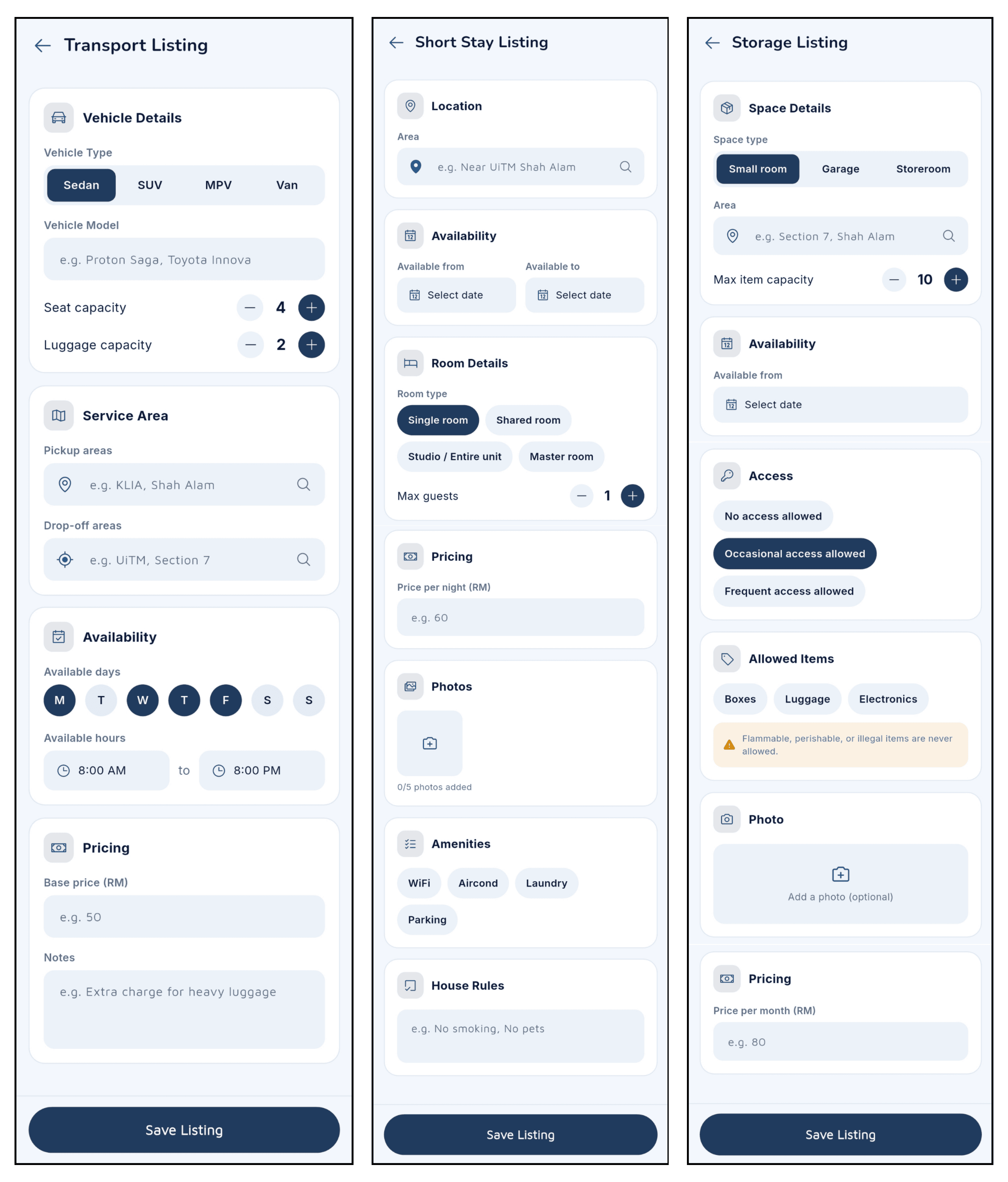Host listing forms describing the transport, accommodation and storage a host can offer.