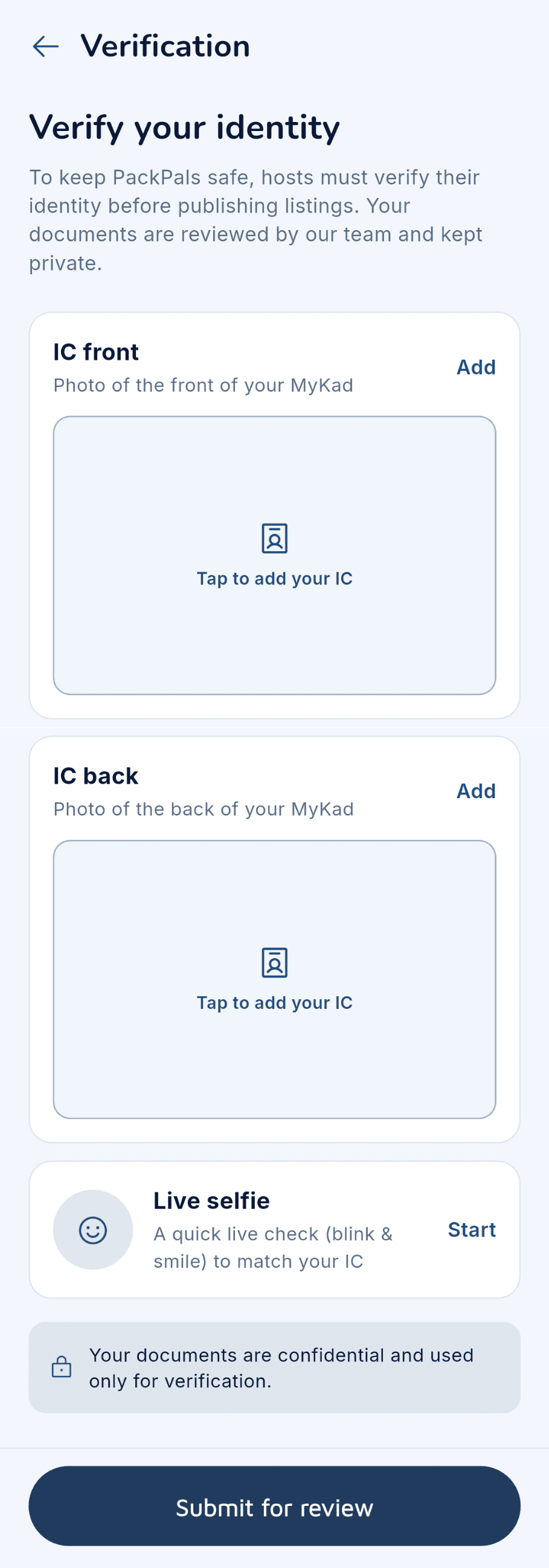 Host verification flow showing identity card capture and the on-device liveness check prompting for a blink and a smile.