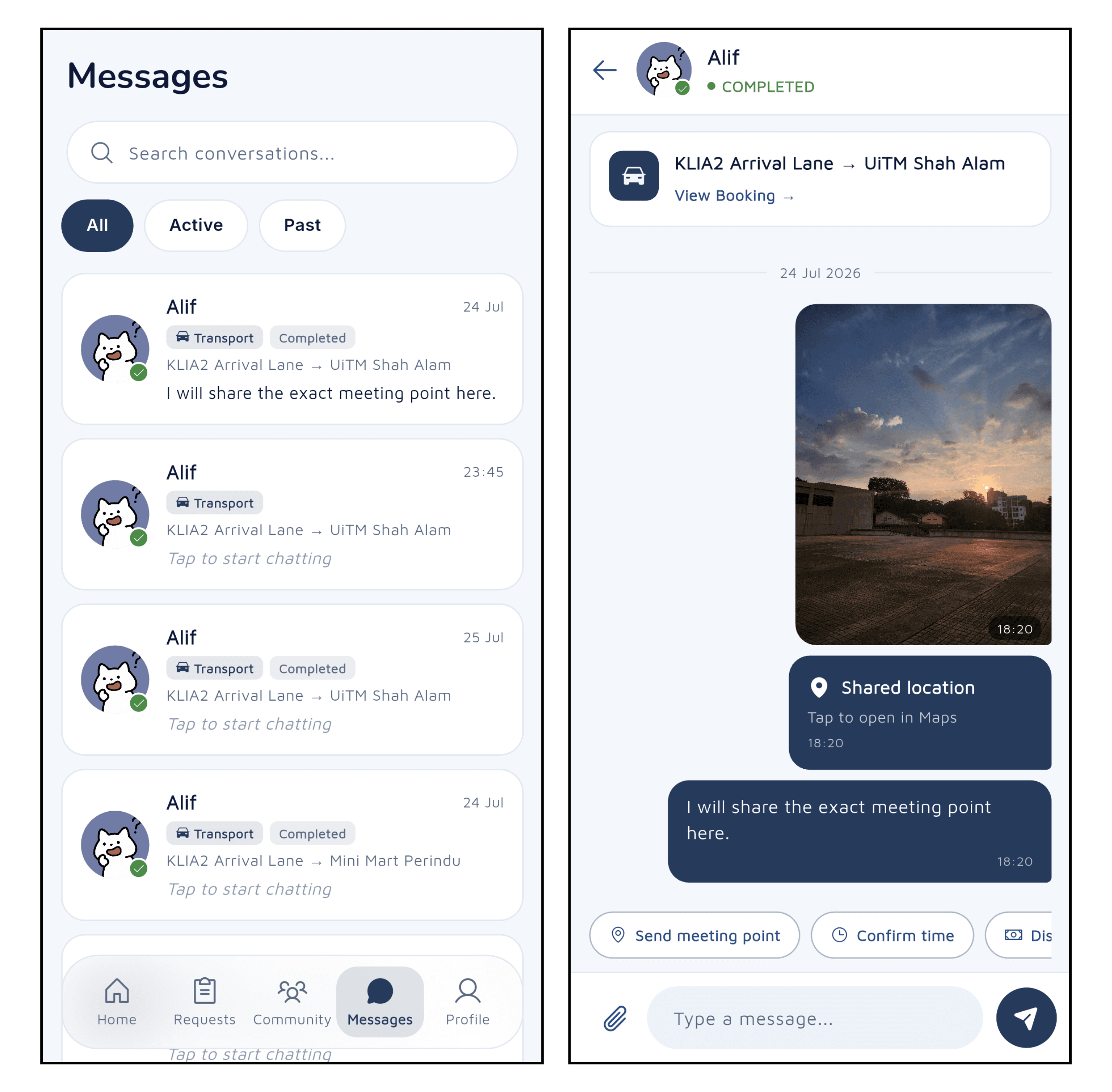 Conversation list and an open chat thread with text messages, a shared photo and a live location share.