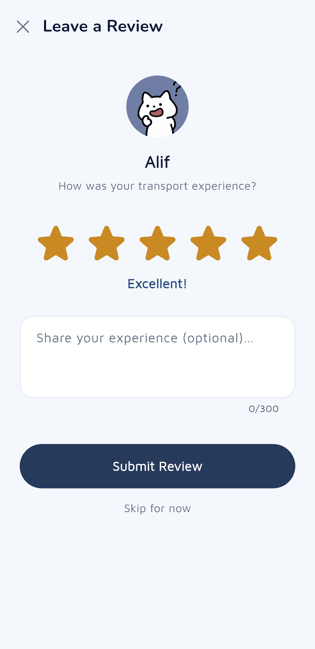Rate and review screen where a student scores a completed booking and leaves written feedback.